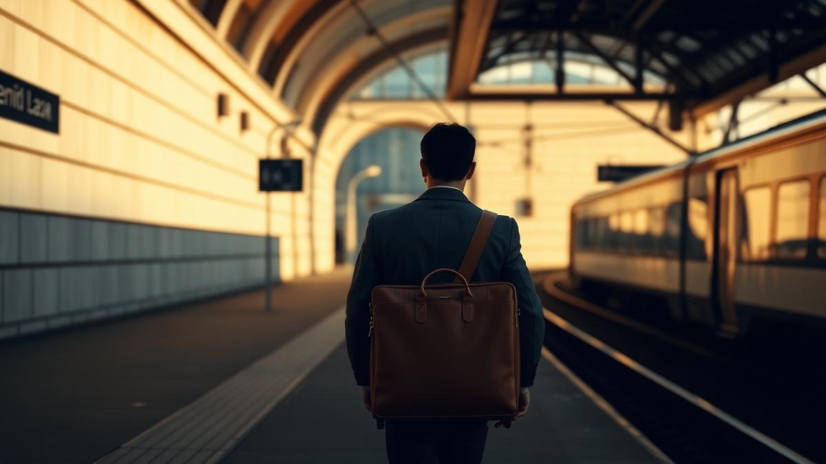 A lone traveller with leather luggage on a Zurich station platform in soft morning light