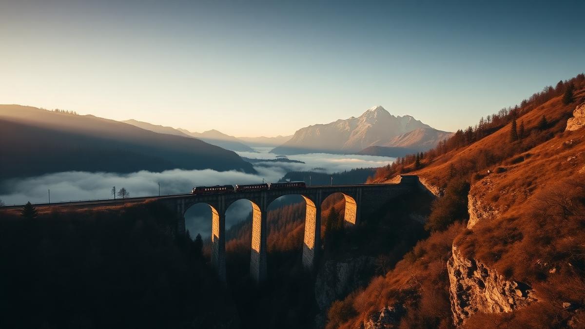 Aerial view of a Swiss alpine valley at dawn with a train crossing a stone viaduct