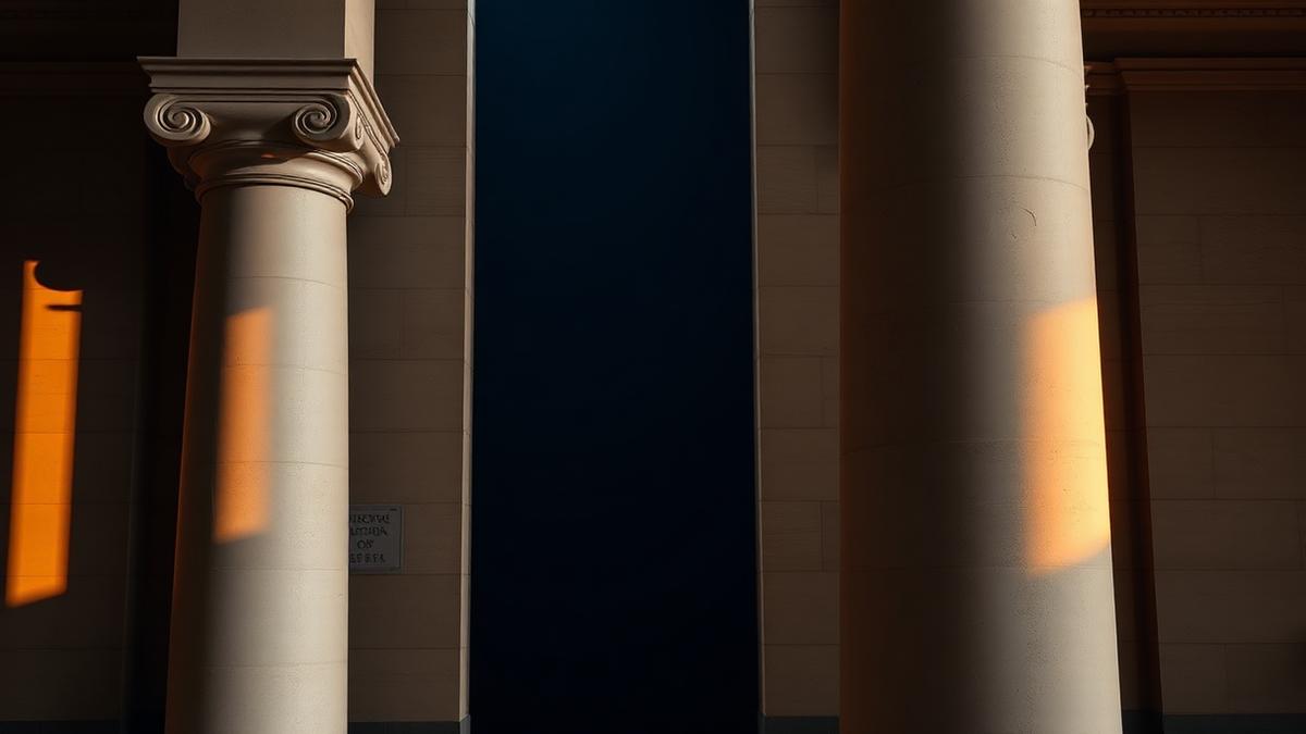 Two classical stone columns of a Swiss arcade with warm copper sunlight and deep navy shadow