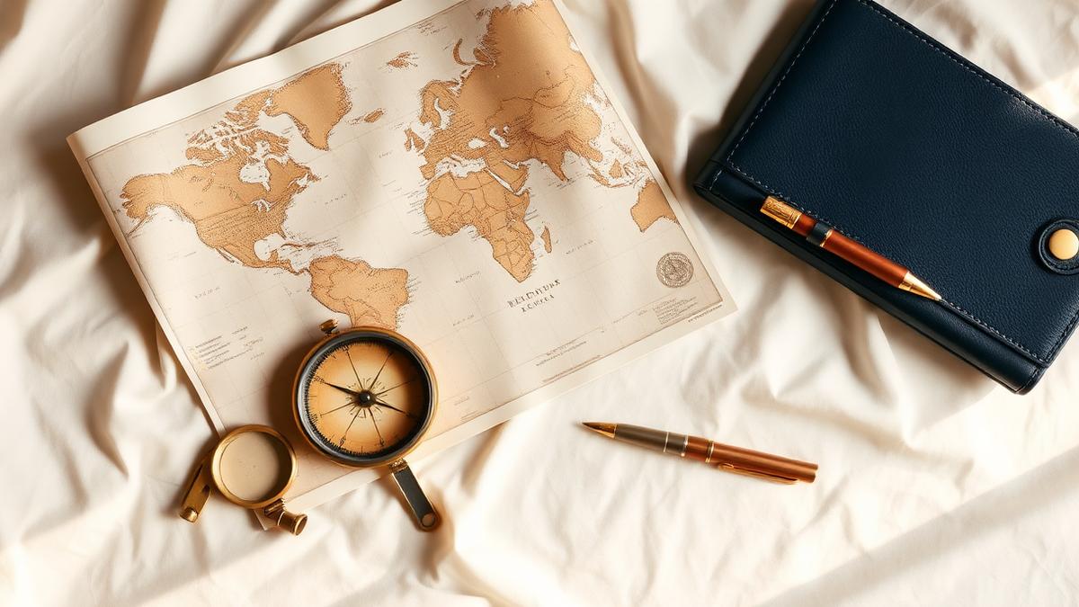 Overhead view of an antique brass compass on a folded world map with a copper pen and navy leather folio
