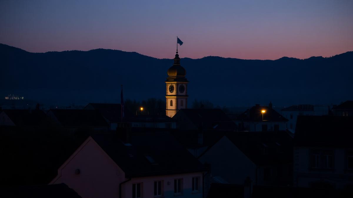 Zurich rooftops and a distant clock tower at twilight against a deep navy sky