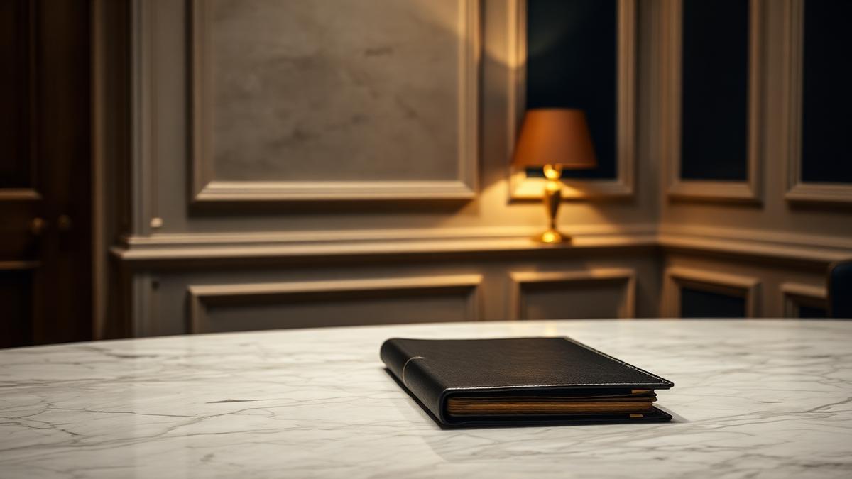 Marble desk with a single closed leather portfolio in a quiet Swiss private-bank interior